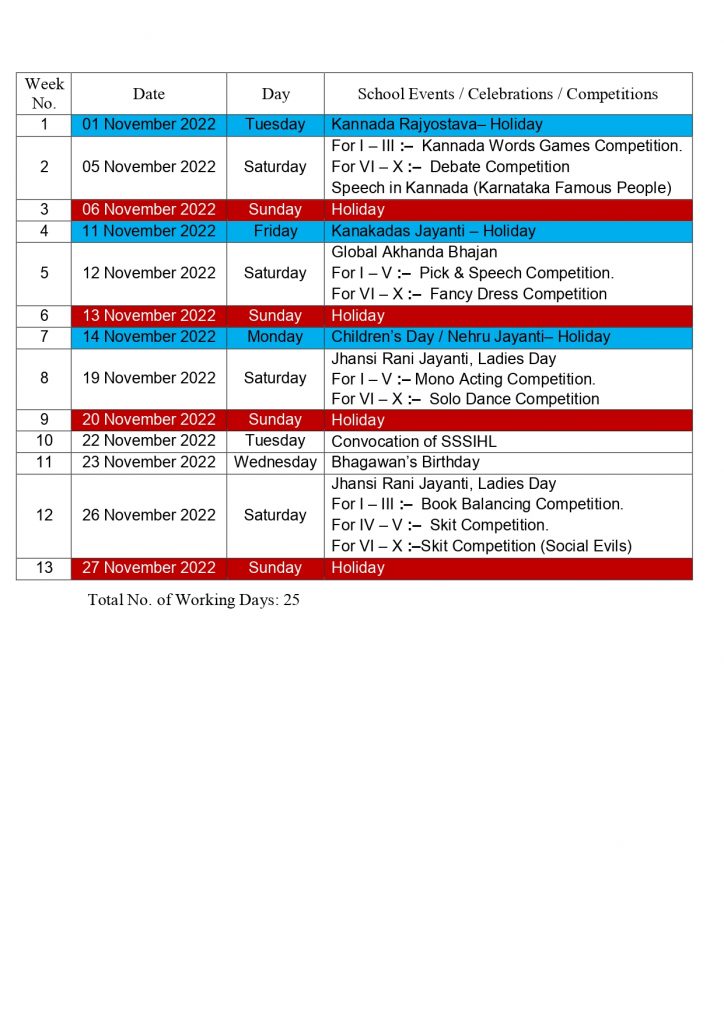 Academic Calander | Sri Sathya Sai Vidya Mandir Dharwad